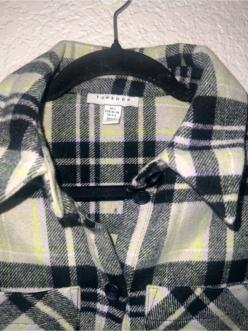 Topshop Black & Light Green Plaid Button-Down Shacket - Picture 2 of 3